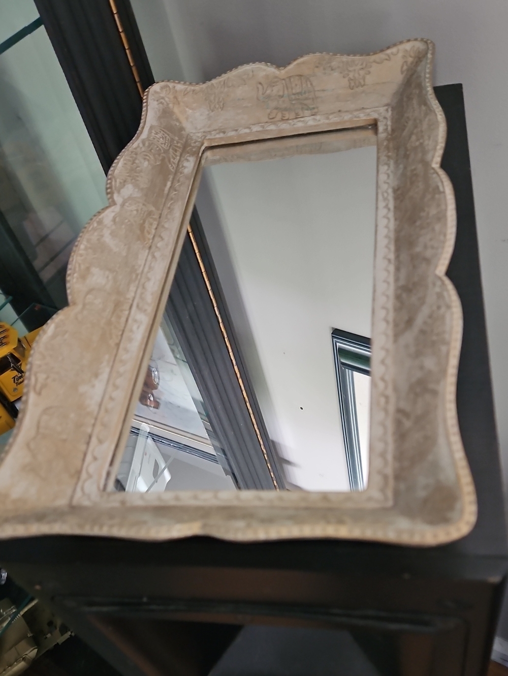 Vintage Scalloped Rectangular Dresser Mirror in Cream and Beige Etched Elephants